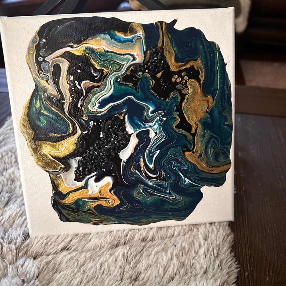Hand made original shades of blue, gold,black abstract acrylic decor painting…